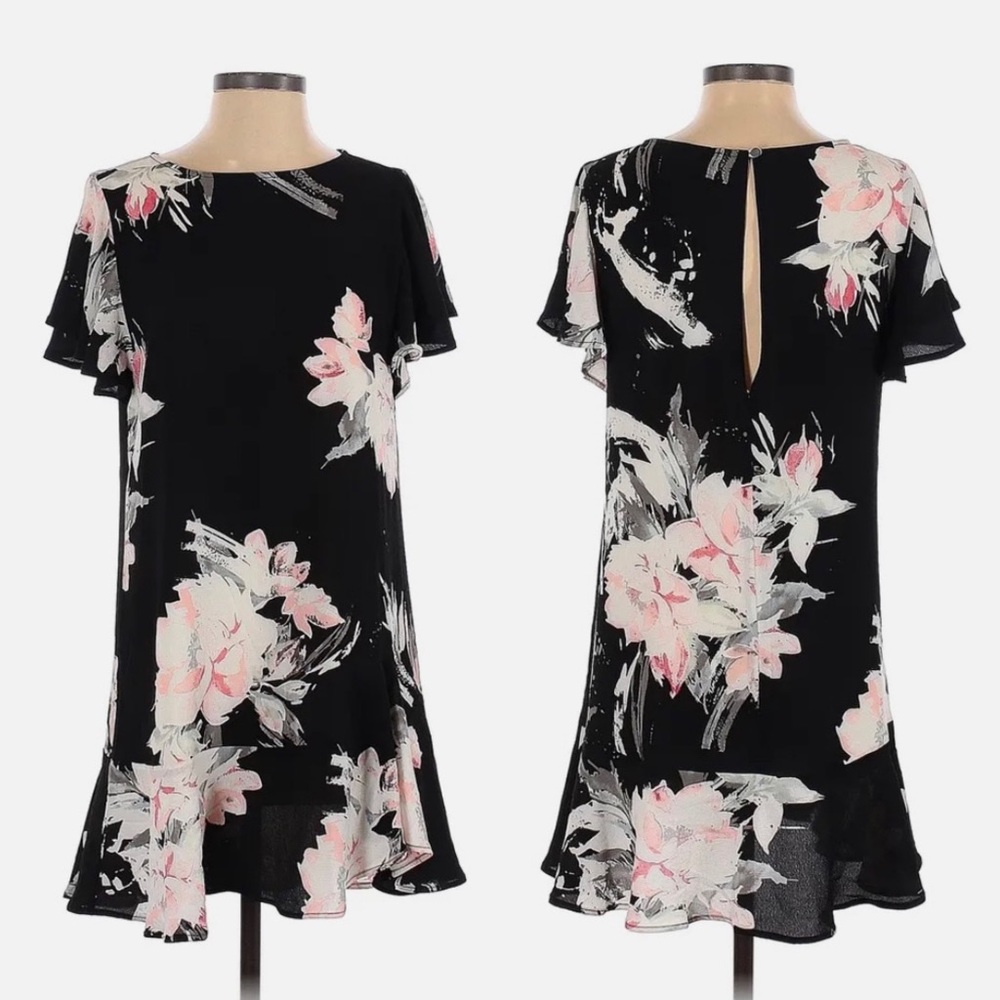 NEW Leith Floral Short Sleeve Babydoll Sheath Dress XS Black